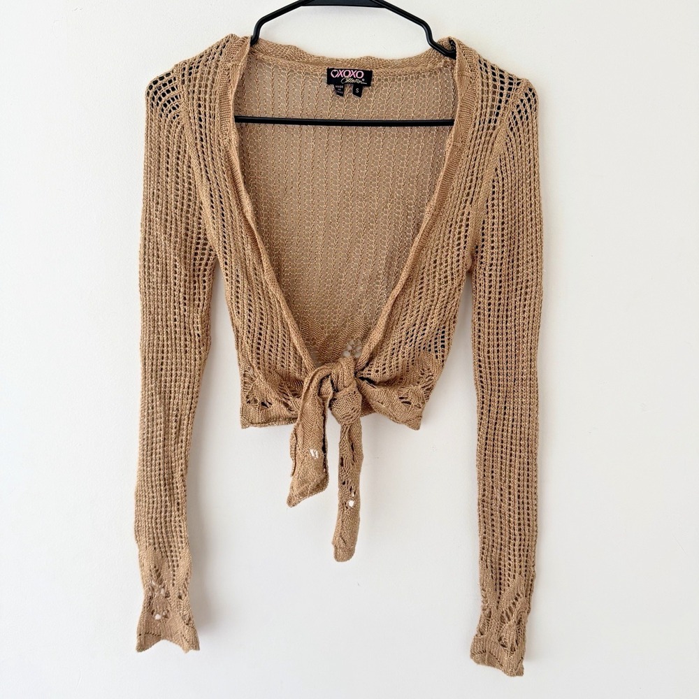 Y2K Crochet Tie Front Cardigan Womens Small Y2K Boho Open Knit Crop Top Fairy
